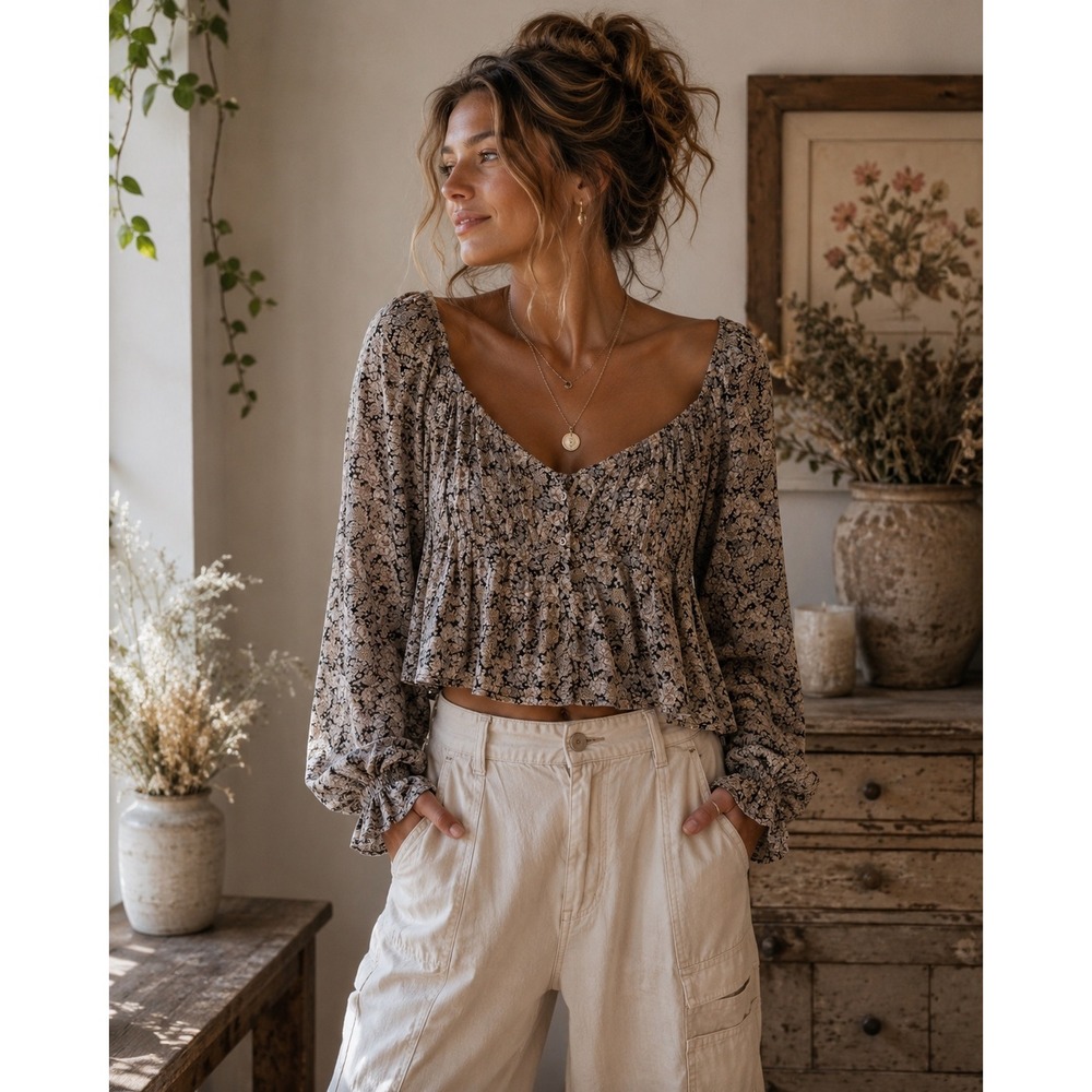 ASTR The Label Floral Smocked Back Peplum Top XS Black Beige Balloon Sleeve